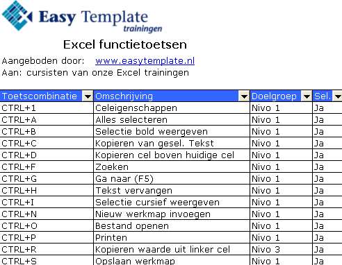 Sneltoetsen in Excel