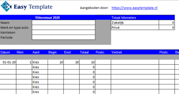 Rittenstaat in Excel invoerblad